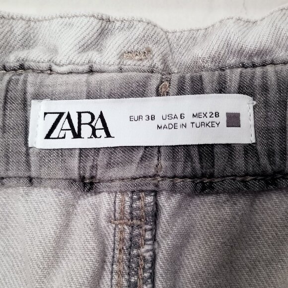 Zara Baggy Paperbag Elastic High Waist Light Grey Gray Denim Jeans Size 6 Ankle - Picture 14 of 16